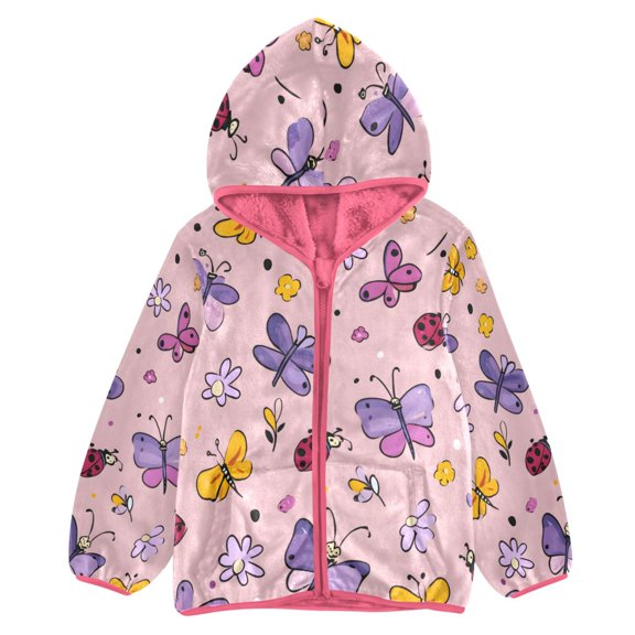 BZSMCE Double-Sided Sherpa Fleece Hooded Zipper Jacket Pink Seven Spotted Ladybug Pattern Print Warm Outerwear