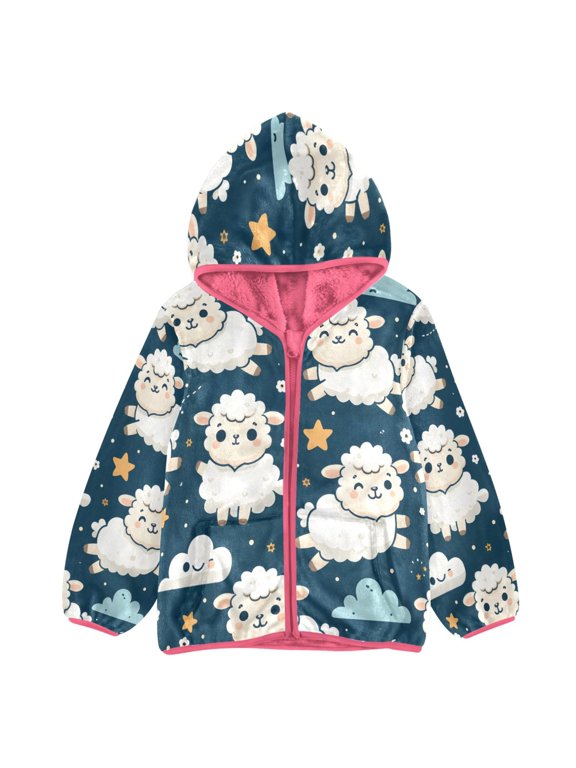 BZSMCE Double-Sided Sherpa Fleece Hooded Zipper Jacket Pink Sheep Jumping Print Warm Outerwear