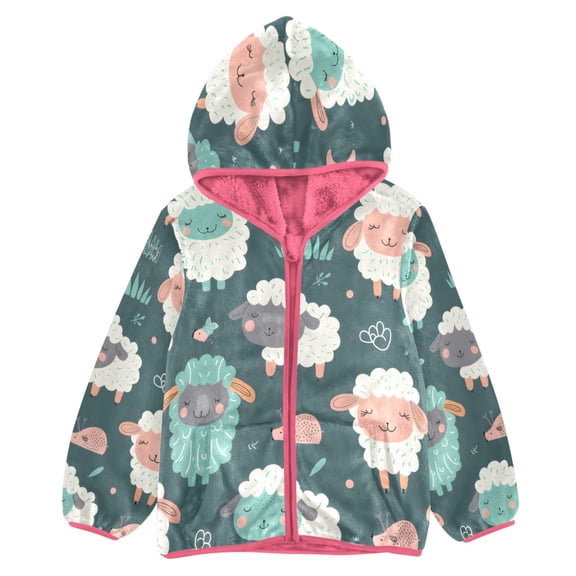 BZSMCE Double-Sided Sherpa Fleece Hooded Zipper Jacket Pink Sheep Pattern Print Warm Outerwear