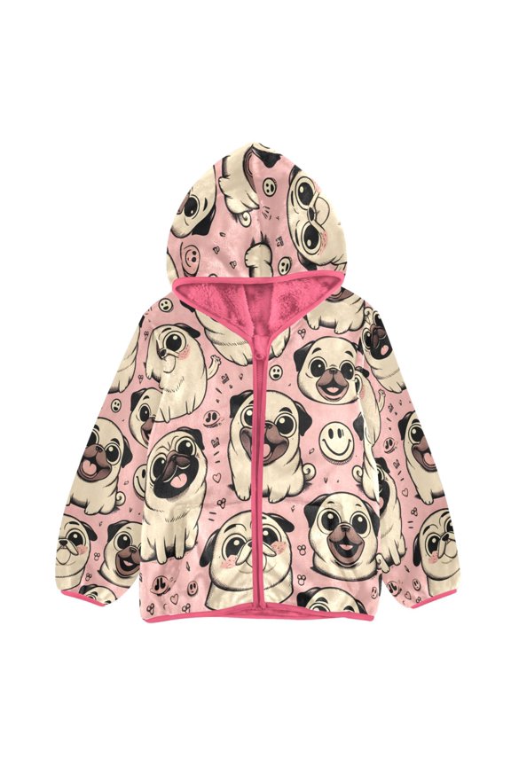 BZSMCE Double-Sided Sherpa Fleece Hooded Zipper Jacket Pink Smiley Pug Dog on A Pink Background Print Warm Outerwear