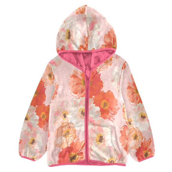 BZSMCE Double-Sided Sherpa Fleece Hooded Zipper Jacket Pink Soft Tone Flowers Pattern Print Warm Outerwear