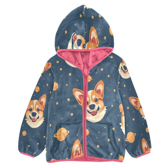 BZSMCE Double-Sided Sherpa Fleece Hooded Zipper Jacket Pink Space Corgi Print Warm Outerwear
