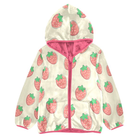 BZSMCE Double-Sided Sherpa Fleece Hooded Zipper Jacket Pink Strawberry Beige Background Pattern Print Warm Outerwear