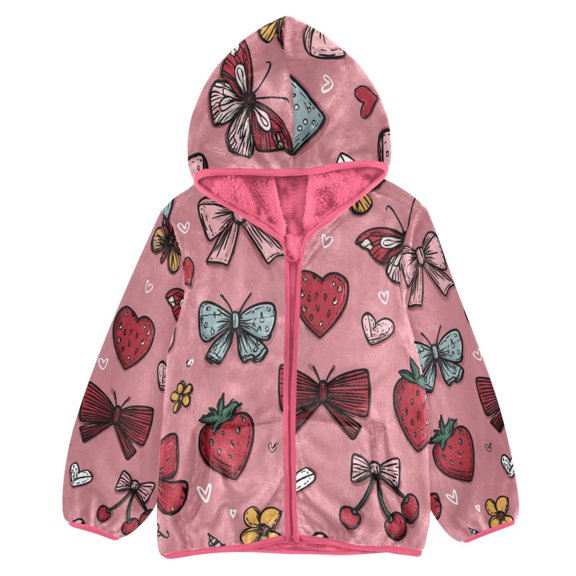 BZSMCE Double-Sided Sherpa Fleece Hooded Zipper Jacket Pink Strawberry Butterfly Love Pattern Print Warm Outerwear