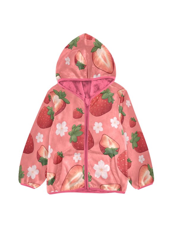 BZSMCE Double-Sided Sherpa Fleece Hooded Zipper Jacket Pink Strawberry Flower Pattern Print Warm Outerwear