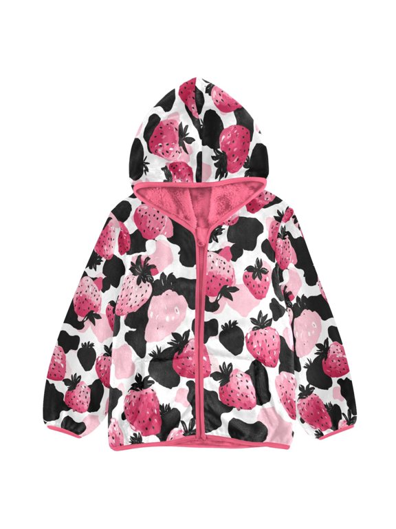 BZSMCE Double-Sided Sherpa Fleece Hooded Zipper Jacket Pink Strawberry Leopard Print Pattern Print Warm Outerwear