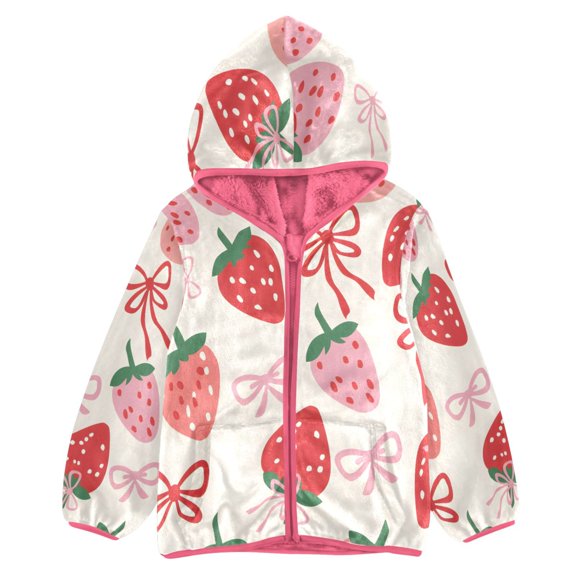 BZSMCE Double-Sided Sherpa Fleece Hooded Zipper Jacket Pink Strawberry Simple Lines Bow Pattern Print Warm Outerwear