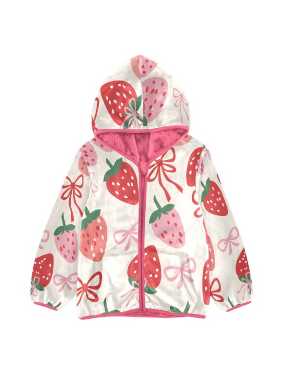BZSMCE Double-Sided Sherpa Fleece Hooded Zipper Jacket Pink Strawberry Simple Lines Bow Pattern Print Warm Outerwear