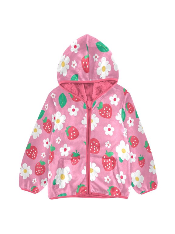 BZSMCE Double-Sided Sherpa Fleece Hooded Zipper Jacket Pink Strawberry White Flower Pattern Print Warm Outerwear