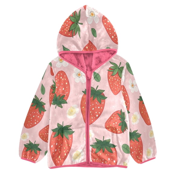 BZSMCE Double-Sided Sherpa Fleece Hooded Zipper Jacket Pink Strawberry with Green Leaves and Cute Flower Print Warm Outerwear
