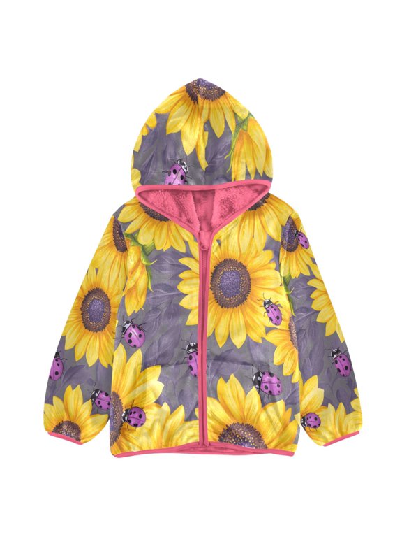 BZSMCE Double-Sided Sherpa Fleece Hooded Zipper Jacket Pink Sunflower Seven Star Ladybug Pattern Print Warm Outerwear