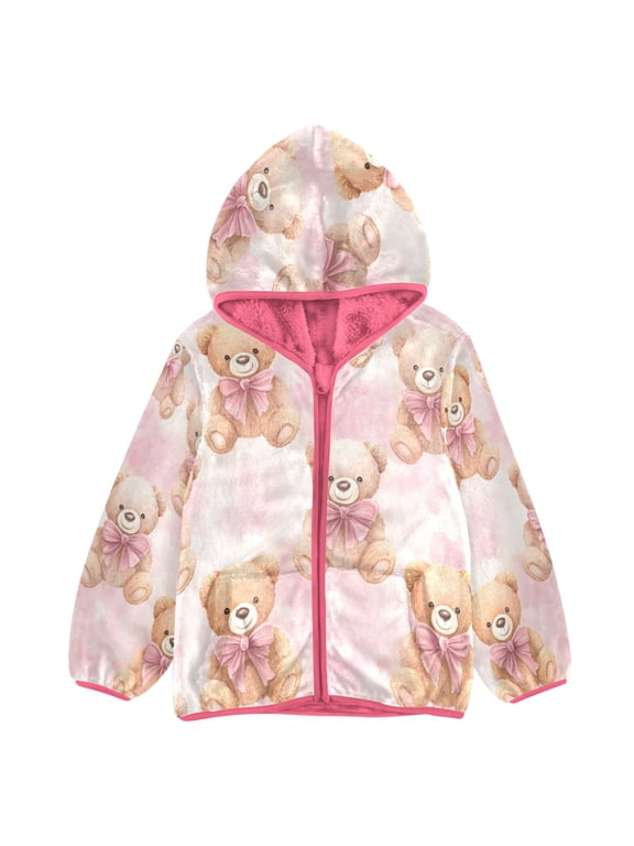 BZSMCE Double-Sided Sherpa Fleece Hooded Zipper Jacket Pink Teddy Bear Pink and White Camouflage Print Warm Outerwear