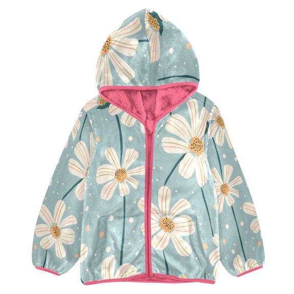 BZSMCE Double-Sided Sherpa Fleece Hooded Zipper Jacket Pink The Endless Background Of Chrysanthemum Print Warm Outerwear