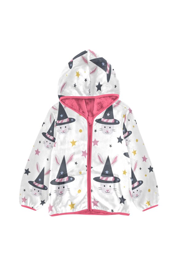 BZSMCE Double-Sided Sherpa Fleece Hooded Zipper Jacket Pink The Rabbit Wears A Magic Hat Print Warm Outerwear