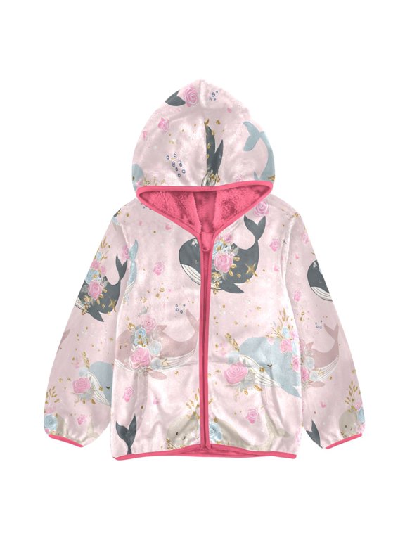 BZSMCE Double-Sided Sherpa Fleece Hooded Zipper Jacket Pink Tiger Whale Rose Pattern Print Warm Outerwear