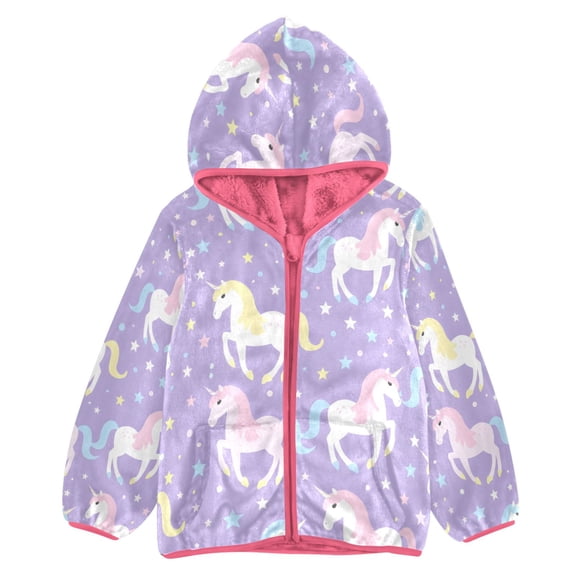 BZSMCE Double-Sided Sherpa Fleece Hooded Zipper Jacket Pink Unicorn 9 Print Warm Outerwear