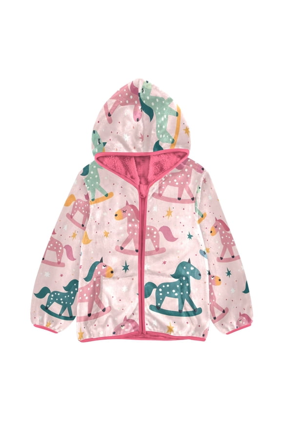 BZSMCE Double-Sided Sherpa Fleece Hooded Zipper Jacket Pink Vector Seamless Pattern with Rocking-horse on Pink Background Print Warm Outerwear