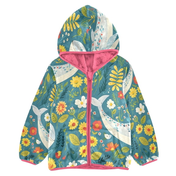 BZSMCE Double-Sided Sherpa Fleece Hooded Zipper Jacket Pink Whales Fresh and Bright Colors Print Warm Outerwear
