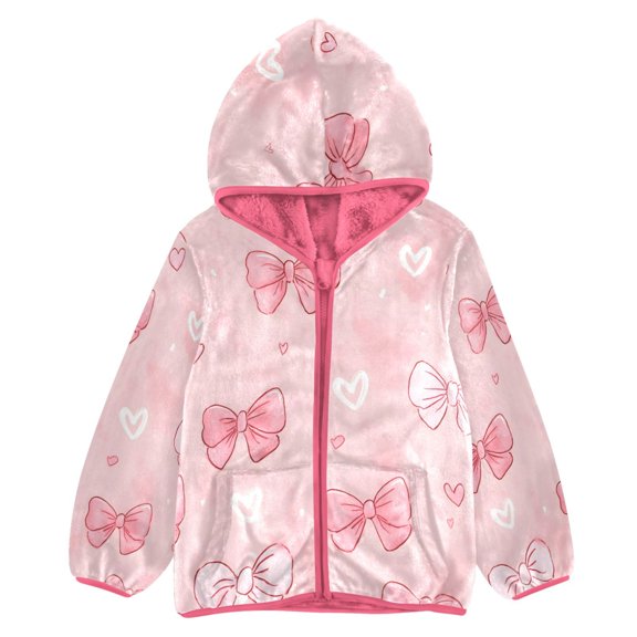 BZSMCE Double-Sided Sherpa Fleece Hooded Zipper Jacket Pink White Pink Bow Heart Pattern Print Warm Outerwear