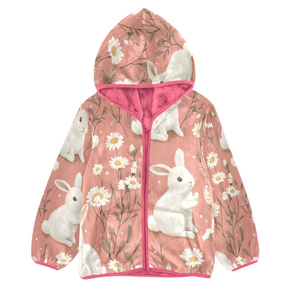 BZSMCE Double-Sided Sherpa Fleece Hooded Zipper Jacket Pink White Rabbite Pattern Print Warm Outerwear