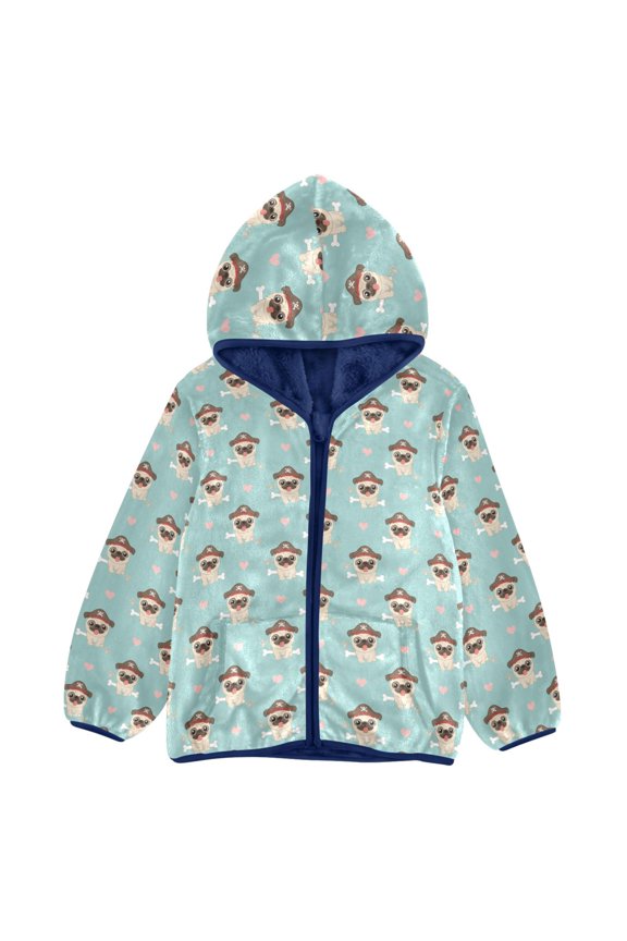 BZSMCE Double-Sided Sherpa Fleece Hooded Zipper Jacket Pirate Pug Pattern Pattern Batik Dye Method Print Warm Outerwear