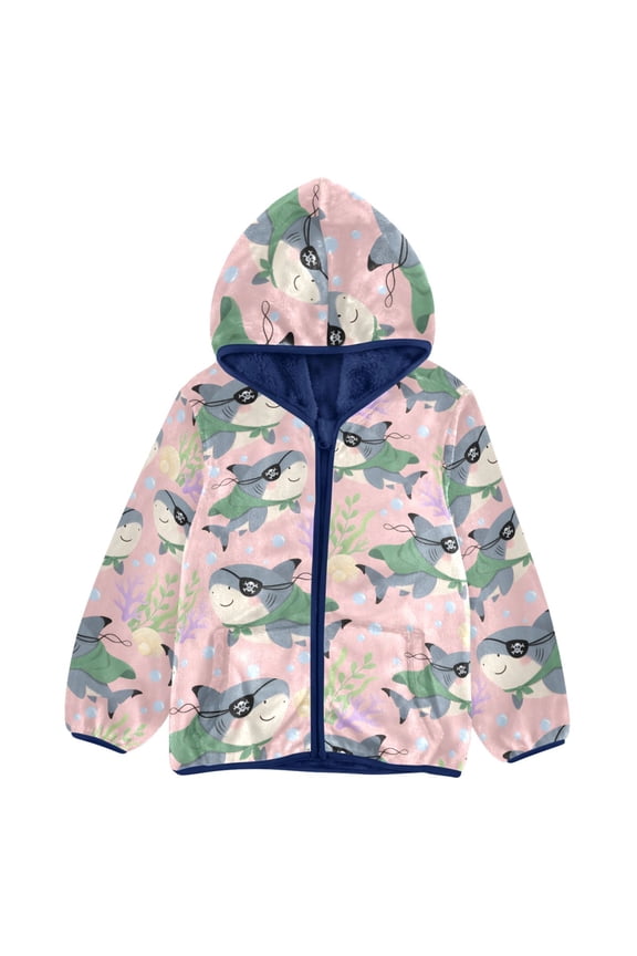BZSMCE Double-Sided Sherpa Fleece Hooded Zipper Jacket Pirate Shark Seaweed Bubbles Pattern Pattern Batik Dye Method Print Warm Outerwear
