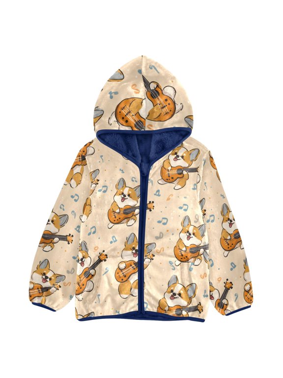 BZSMCE Double-Sided Sherpa Fleece Hooded Zipper Jacket Playing Guitar with Dog Pattern Pattern Batik Dye Method Print Warm Outerwear