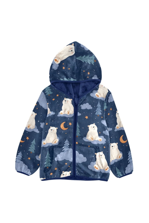 BZSMCE Double-Sided Sherpa Fleece Hooded Zipper Jacket Polar Bear Cloud Tree Pattern Pattern Batik Dye Method Print Warm Outerwear
