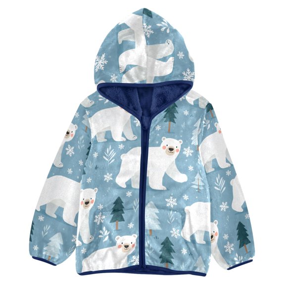 BZSMCE Double-Sided Sherpa Fleece Hooded Zipper Jacket Polar Bear Tree Snow Pattern Pattern Batik Dye Method Print Warm Outerwear