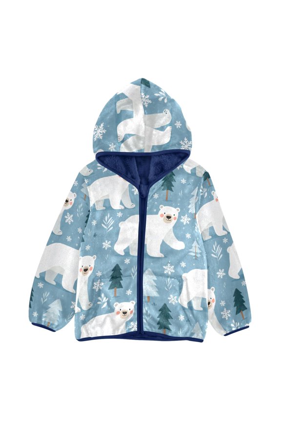 BZSMCE Double-Sided Sherpa Fleece Hooded Zipper Jacket Polar Bear Tree Snow Pattern Pattern Batik Dye Method Print Warm Outerwear