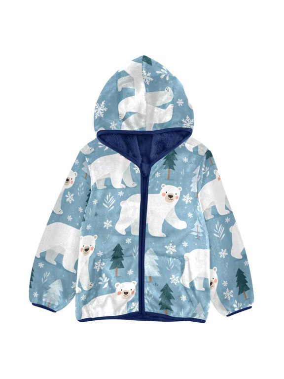 BZSMCE Double-Sided Sherpa Fleece Hooded Zipper Jacket Polar Bear Tree Snow Pattern Pattern Batik Dye Method Print Warm Outerwear