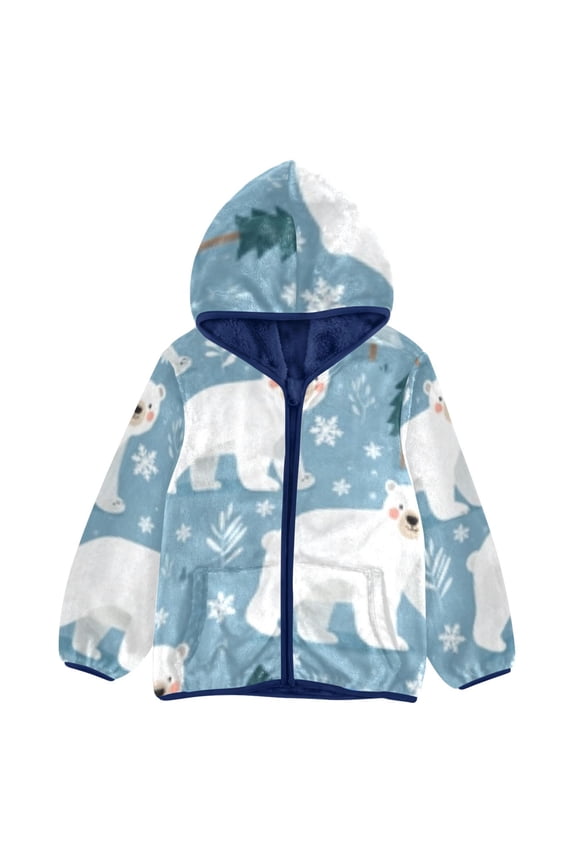 BZSMCE Double-Sided Sherpa Fleece Hooded Zipper Jacket Polar Bear Tree Snow Pattern Pattern Batik Dye Method Print Warm Outerwear