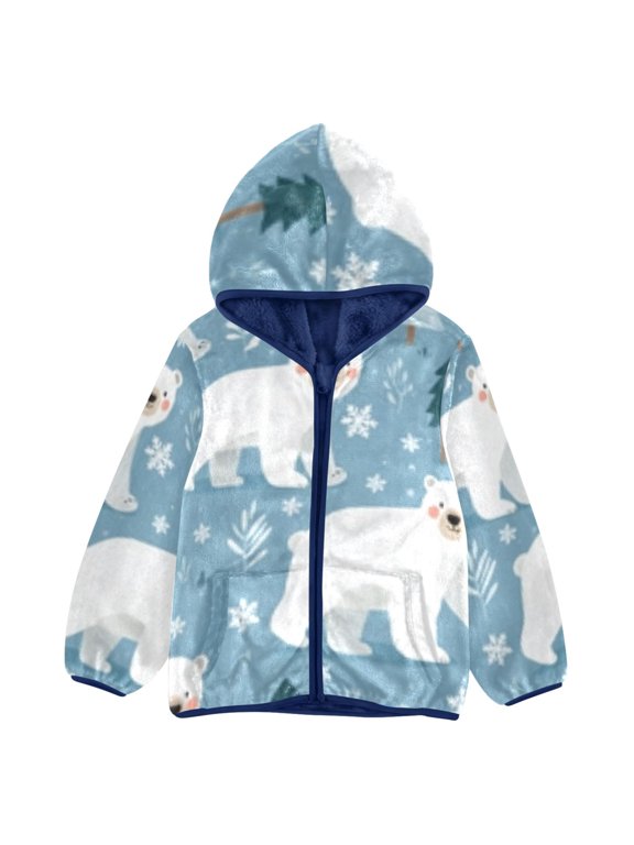 BZSMCE Double-Sided Sherpa Fleece Hooded Zipper Jacket Polar Bear Tree Snow Pattern Pattern Batik Dye Method Print Warm Outerwear