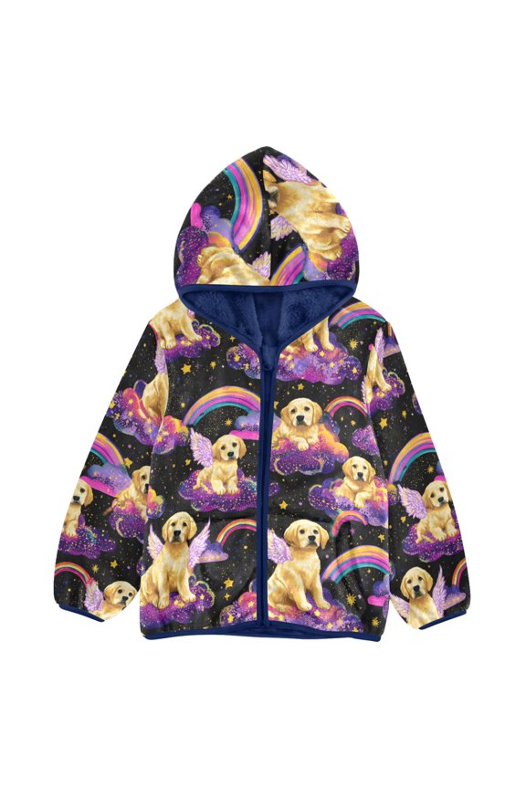 BZSMCE Double-Sided Sherpa Fleece Hooded Zipper Jacket Purple Cloud Dog Rainbow Pattern Pattern Batik Dye Method Print Warm Outerwear