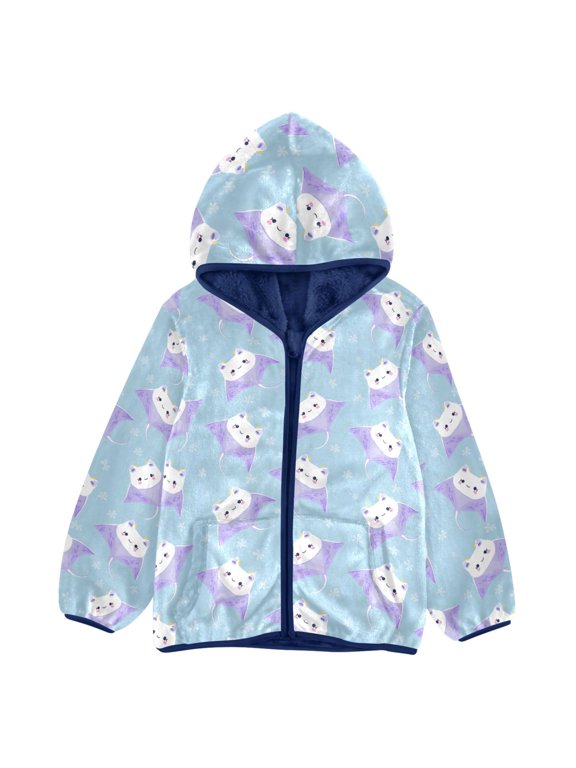 BZSMCE Double-Sided Sherpa Fleece Hooded Zipper Jacket Purple Manta Fish Pattern Pattern Batik Dye Method Print Warm Outerwear