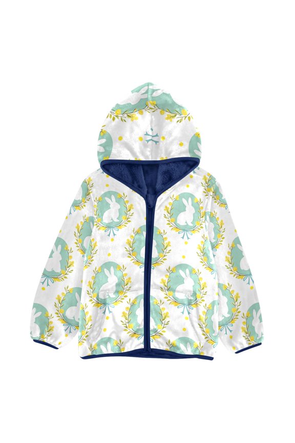 BZSMCE Double-Sided Sherpa Fleece Hooded Zipper Jacket Rabbit Flower Egg Pattern Batik Dye Method Print Warm Outerwear