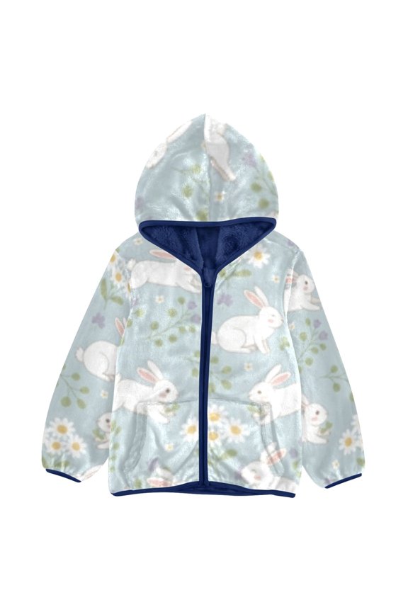 BZSMCE Double-Sided Sherpa Fleece Hooded Zipper Jacket Rabbit Flower Pattern Pattern Batik Dye Method Print Warm Outerwear