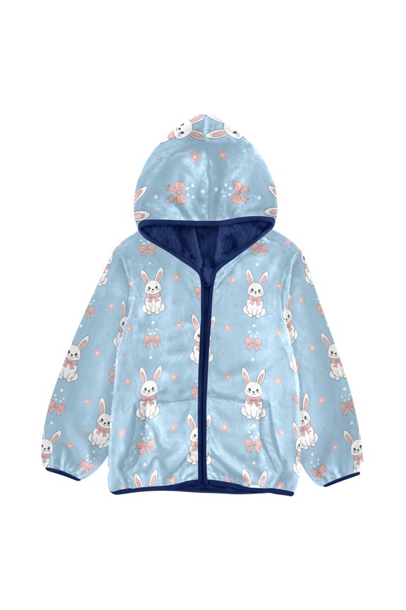 BZSMCE Double-Sided Sherpa Fleece Hooded Zipper Jacket Rabbit Pattern Batik Dye Method Print Warm Outerwear