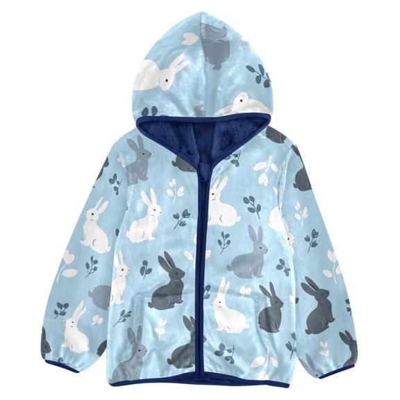 BZSMCE Double-Sided Sherpa Fleece Hooded Zipper Jacket Rabbit Pattern Pattern Batik Dye Method Print Warm Outerwear
