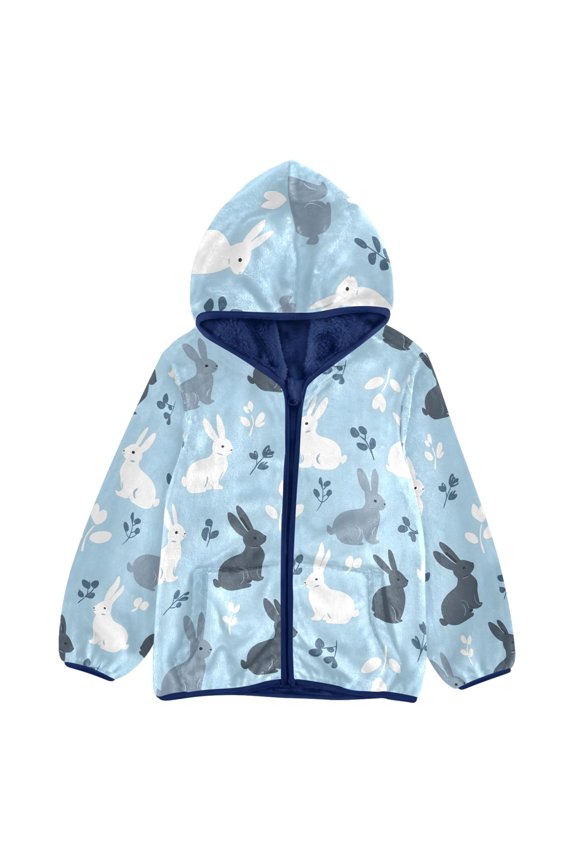 BZSMCE Double-Sided Sherpa Fleece Hooded Zipper Jacket Rabbit Pattern Pattern Batik Dye Method Print Warm Outerwear