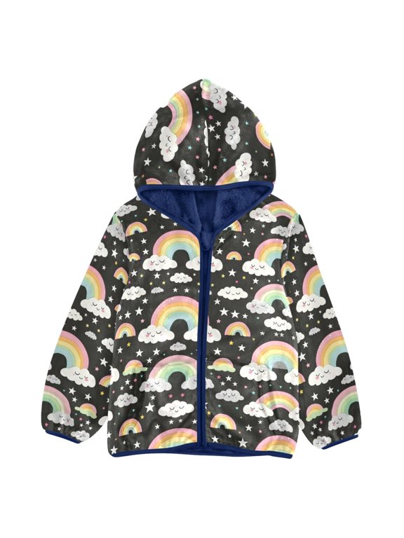 BZSMCE Double-Sided Sherpa Fleece Hooded Zipper Jacket Rainbow Star Pattern Pattern Batik Dye Method Print Warm Outerwear