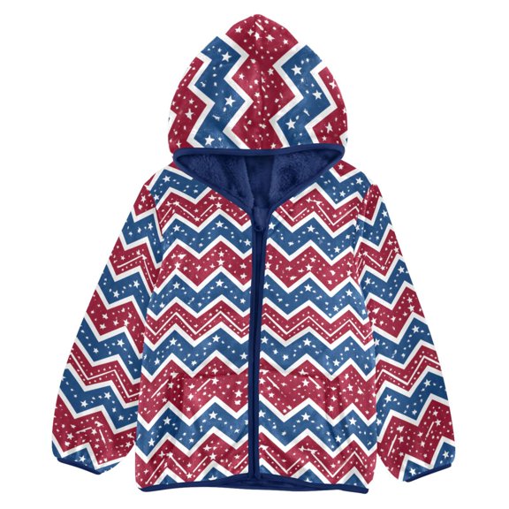 BZSMCE Double-Sided Sherpa Fleece Hooded Zipper Jacket Red Blue Color Matching Lines Pattern Pattern Batik Dye Method Print Warm Outerwear