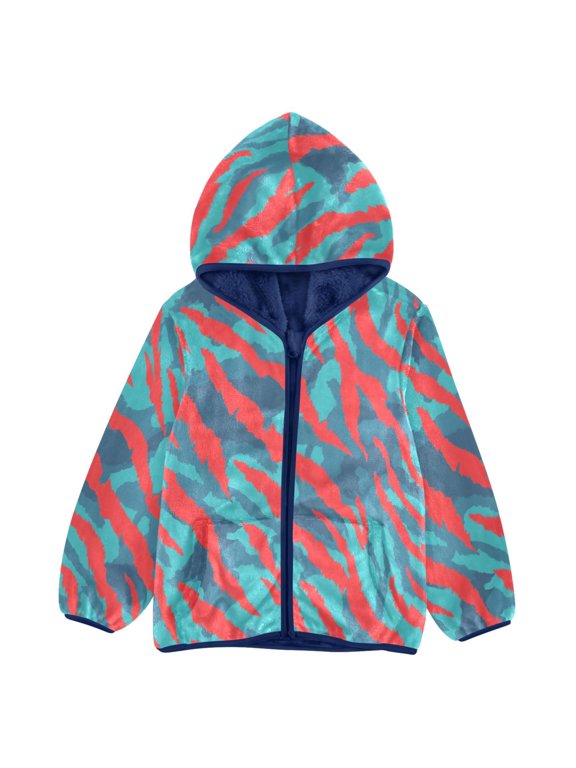 BZSMCE Double-Sided Sherpa Fleece Hooded Zipper Jacket Red Blue Tiger Pattern Pattern Batik Dye Method Print Warm Outerwear