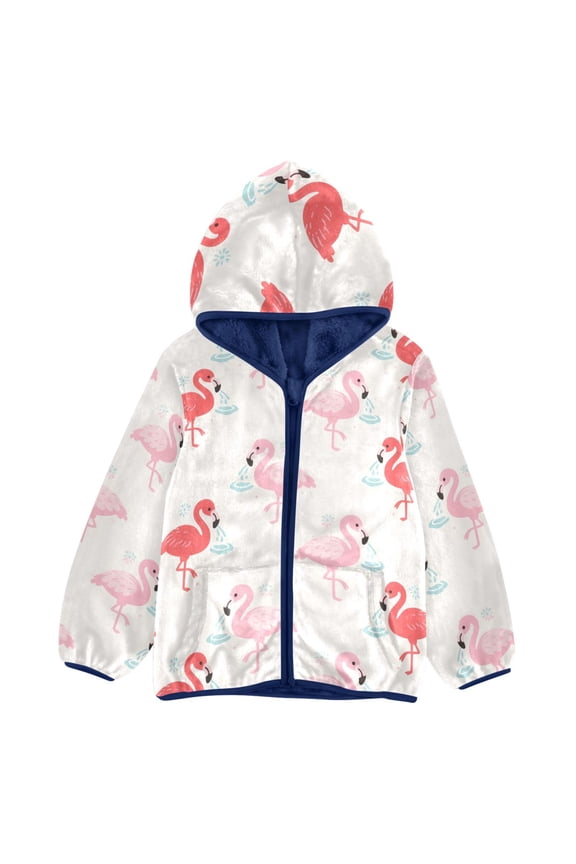 BZSMCE Double-Sided Sherpa Fleece Hooded Zipper Jacket Red Pink Flamingo Pattern Pattern Batik Dye Method Print Warm Outerwear