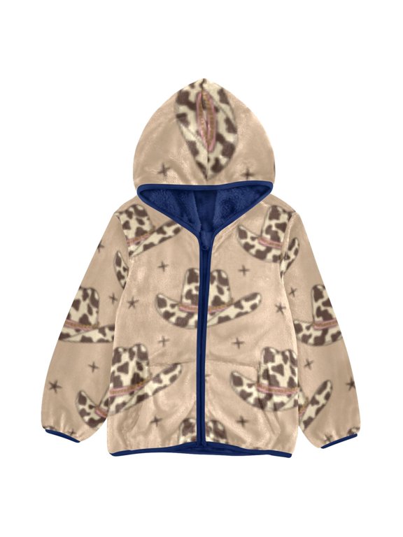 BZSMCE Double-Sided Sherpa Fleece Hooded Zipper Jacket Retro Cowboy Hats with Cow Print Wild West Pattern Batik Dye Method Print Warm Outerwear