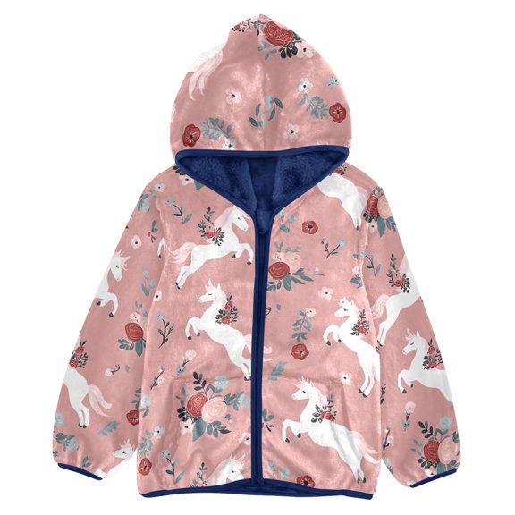 BZSMCE Double-Sided Sherpa Fleece Hooded Zipper Jacket Rose Cute Horse Pattern Pattern Batik Dye Method Print Warm Outerwear