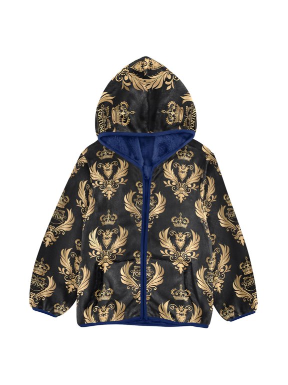BZSMCE Double-Sided Sherpa Fleece Hooded Zipper Jacket Royal Fortune Filigree Pattern Batik Dye Method Print Warm Outerwear