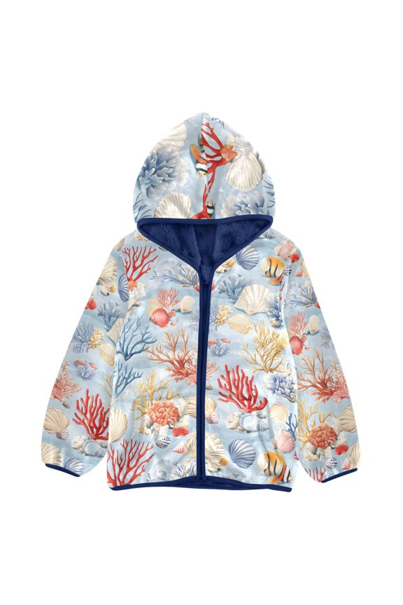 BZSMCE Double-Sided Sherpa Fleece Hooded Zipper Jacket Sea Shells Coral Pattern Batik Dye Method Print Warm Outerwear
