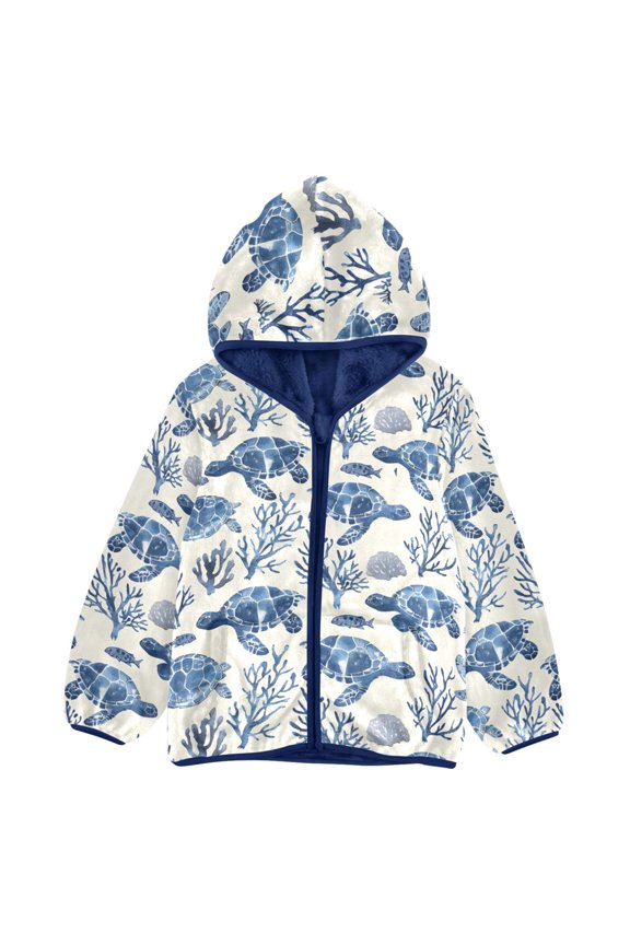 BZSMCE Double-Sided Sherpa Fleece Hooded Zipper Jacket Sea ??turtle Coral Pattern Pattern Batik Dye Method Print Warm Outerwear