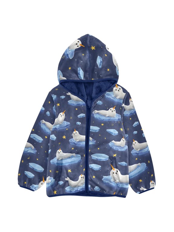 BZSMCE Double-Sided Sherpa Fleece Hooded Zipper Jacket Seal Pattern Pattern Batik Dye Method Print Warm Outerwear